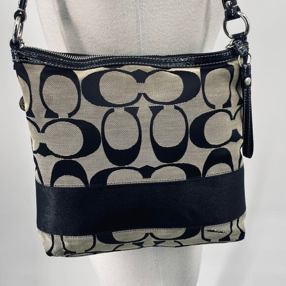 Vintage Y2k Coach Signature Stripe Logo Shoulder Bag Zip Top Canvas Black Gray - Picture 3 of 16